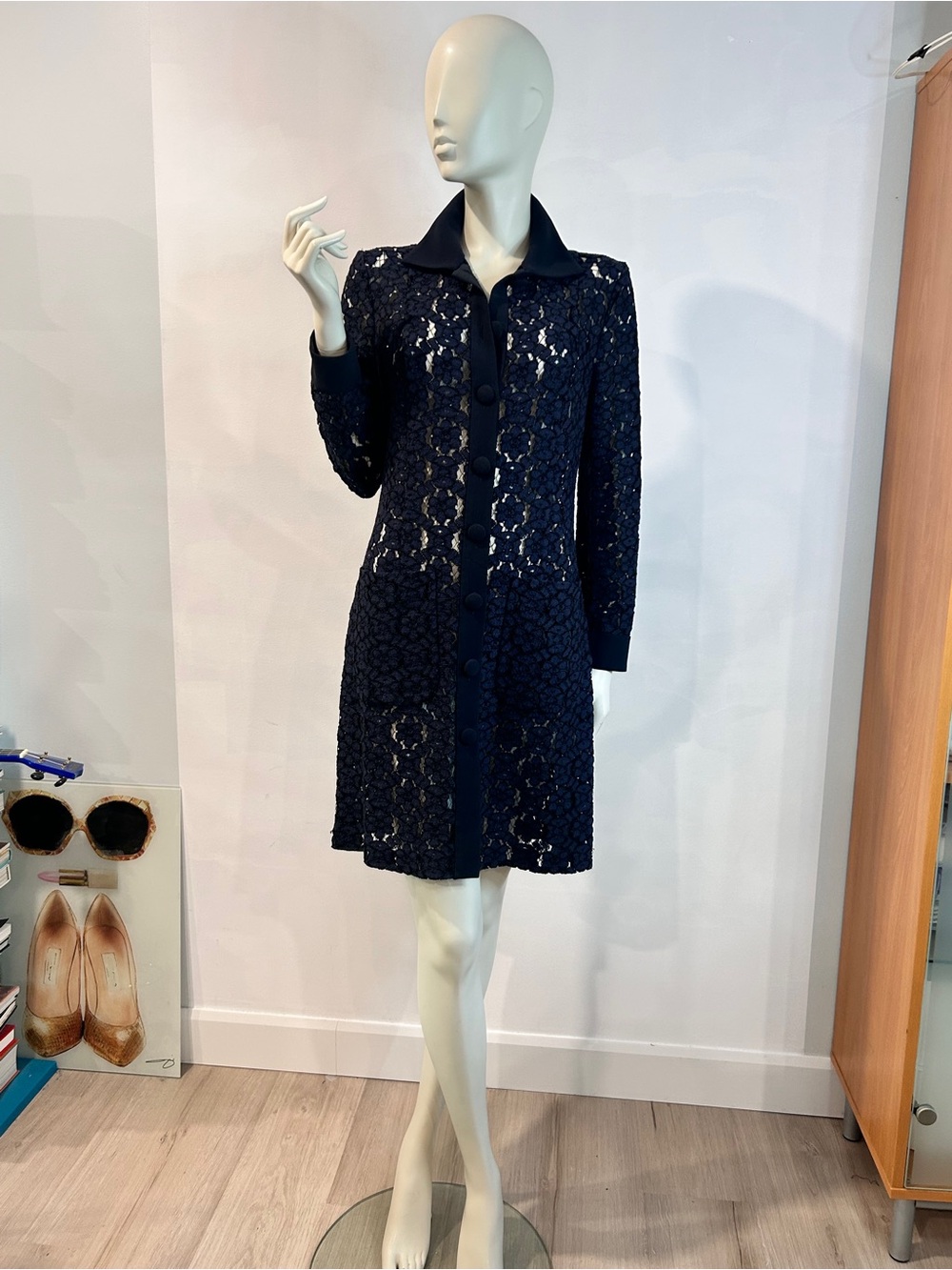 Judith & Charles Navy Blue Lace Long Sleeve Shirt Dress size 4 - Picture 5 of 16